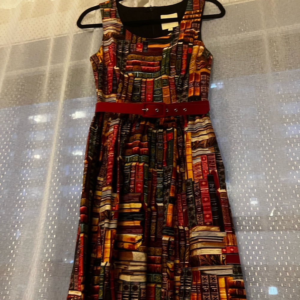 ModCloth Multicolor Book print retro flare Dress librarian teacher frizzle - Picture 3 of 7